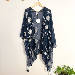 Demdaco Navy Blue Sheer Chiffon Poncho Shawl Duster Cream Floral Embroidery OS